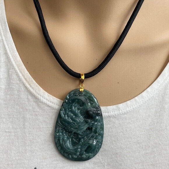14K Solid Real Gold Carved Dragon Natural Jade Pendant Oval Large Men