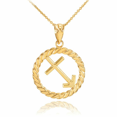 10K Solid Gold Sagittarius Zodiac Sign in Circle Rope Pendant Necklace