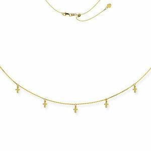 14K Solid Gold 5 Dangle Mini Cross Choker Necklace Adjustable 16" - Yellow