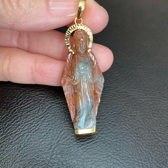 14K Solid Gold The Blessed Virgin Mary Carved Natural Red Jade Pendant