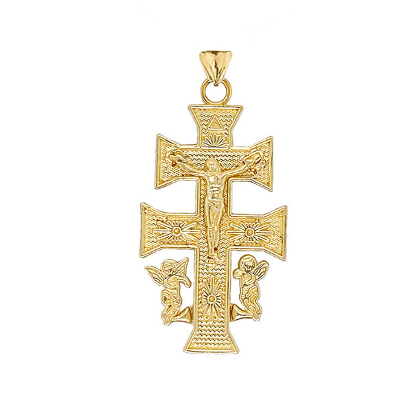 10K Solid Gold Caravaca Double Cross With Angels Crucifix Pendant Necklace