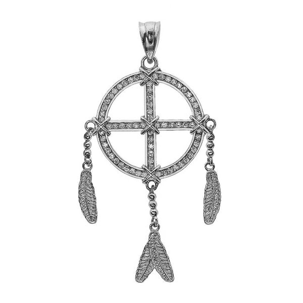 14k Solid Yellow White Rose Gold CZ Dream Catcher Pendant Necklace