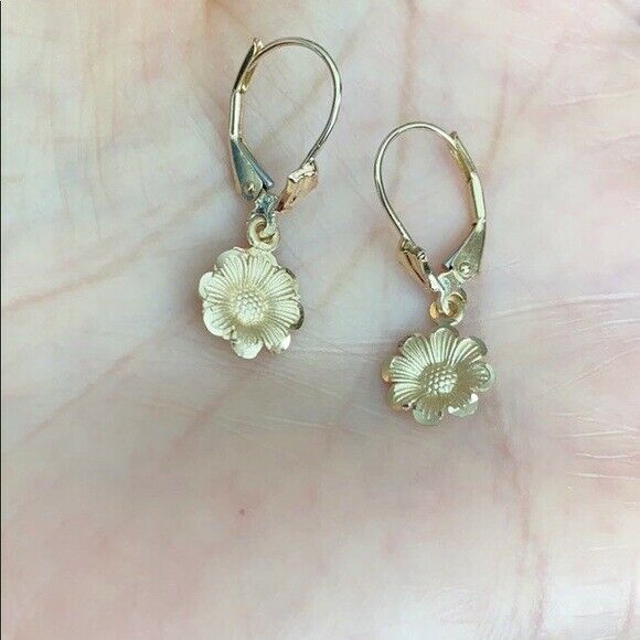 14k Solid Yellow Gold Sunflower Diamond Cut Leverback Earrings Set