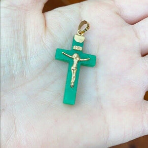Real Yellow Gold Jesus Crucifix Green Jade Cross Religious Pendant - PP21