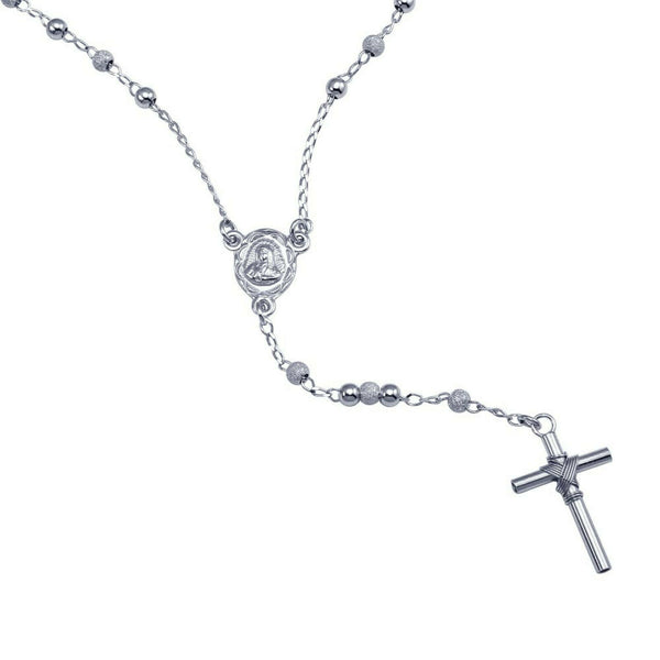 Sterling Silver 925 Alternate Glittered and Plain Beads Rosary Necklace