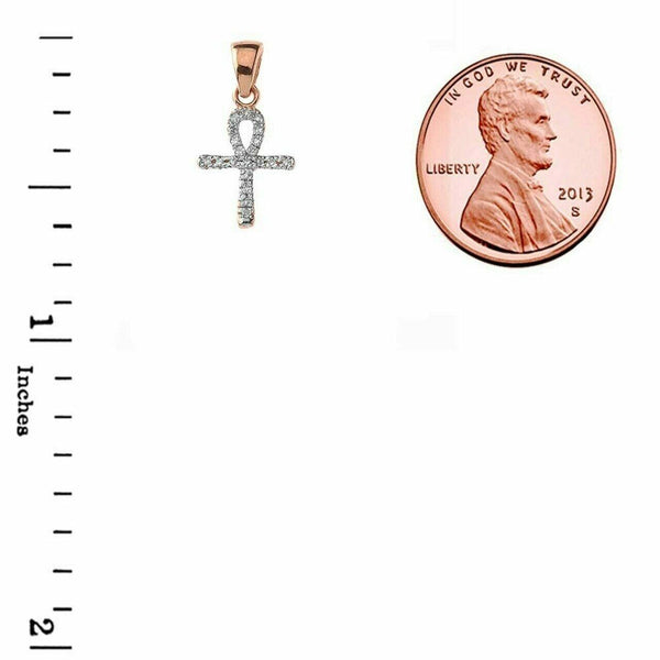 10k Solid Rose Gold Mini Diamond Ankh Cross Pendant Necklace - Minimalist