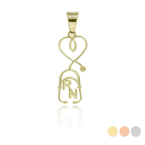 14K Solid Gold Registered Nurse Stethoscope Pendant Necklace Yellow, Rose, White