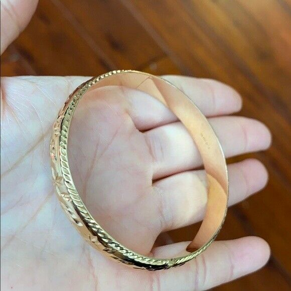 14K Real Yellow Gold Diamond-cut Bangle Bracelet 53 mm width 10 mm