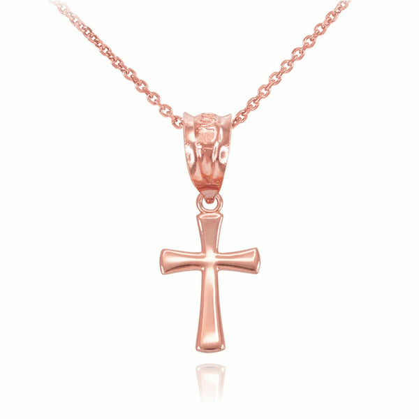 10K Solid Rose Gold Round Mini Small Cross Pendant Necklace 16" 18" 20" 22"