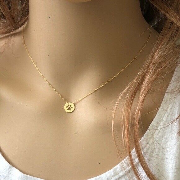 14K Solid Gold Mini Disk Disc Paw Print Dainty Necklace - Minimalist 16"-18"