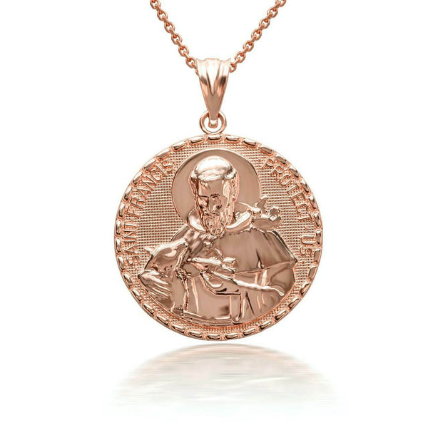 10K Solid Gold 3D Saint Francis Protect Us Pendant Necklace