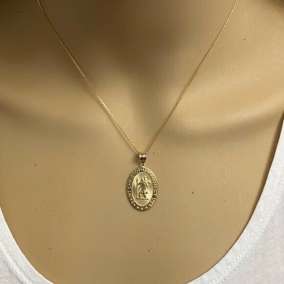 14K Solid Yellow Gold St. Saint Christopher "Protect Us"  Pendant Necklace