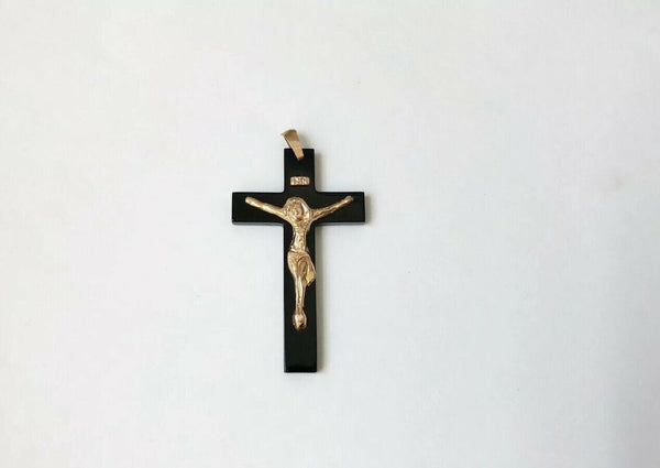 14K Yellow Gold Jesus Crucifix Black Cross Religious Pendant - PP3