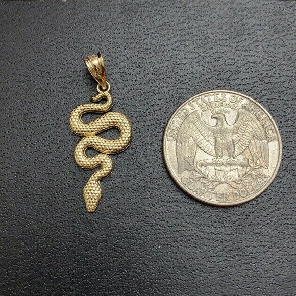 Solid 10k Yellow Gold Textured Snake-Serpent Pendant Necklace