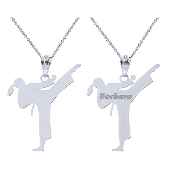 Personalized Engrave Name Silver Female Karate Martial Arts Pendant Necklace
