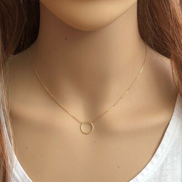 14K Solid Yellow Gold Mini Wire Open Circle Necklace - Minimalist Adjustable