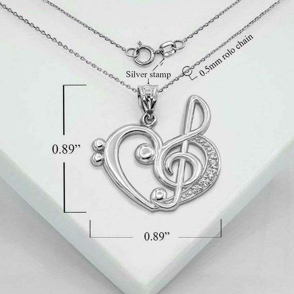 925 Sterling Silver Music Heart Treble Clef Pendant Necklace 16", 18", 20", 22"