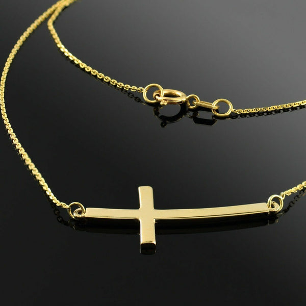 14K Solidl Yellow Gold Sideways Curved Cross Necklace 16" 18" 20" 22"