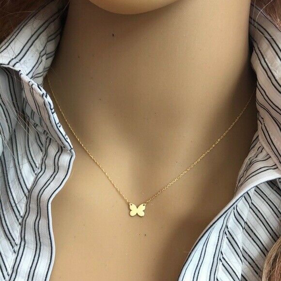 14K Solid Gold Mini Butterfly Dainty Necklace - Minimalist Yellow Adjust 16"-18