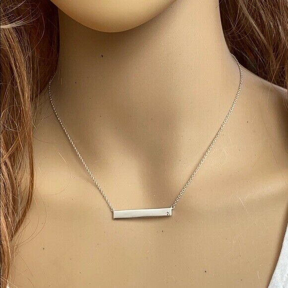 925 Sterling Silver White Gold Plated Bar Plate Geometric Diamond Necklace