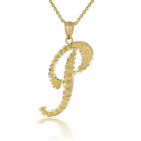 10k Solid Yellow Gold Cursive Initial Letter P Pendant Necklace