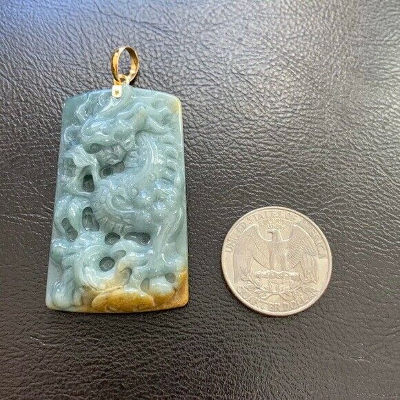 14K Solid Yellow Gold Carved Dragon Natural Jade Pendant Rectangle Men