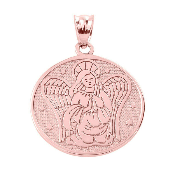 10k Solid Two Sided Rose Gold Guardian Angel Charm Pendant Necklace