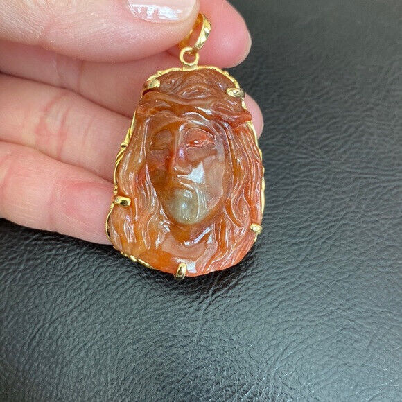 14K Real Solid Gold Red Jade Carved Jesus Christ Head Pendant Charm
