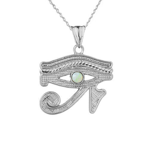 Solid White Gold 10K Eye Of Horus (Ra) With Opal Center Stone Pendant Necklace