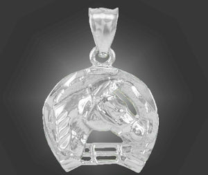 14k Solid White Gold Horseshoe with Horse Head Pendant Necklace
