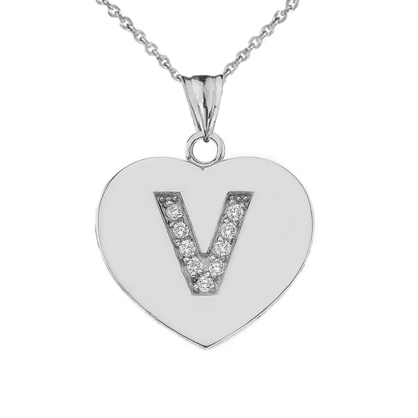 925 Sterling Silver CZ Initial Letter V Heart Pendant Necklace - 16" 18" 20" 22"