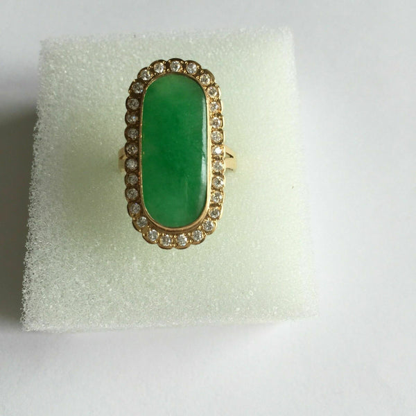 14K Solid Yellow Gold Green Jade Women CZ Ring Size 7.5