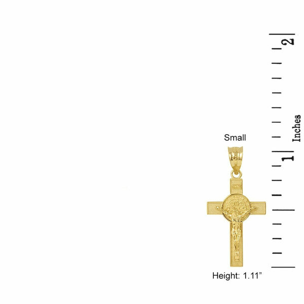 14K Solid Yellow Gold Small Saint St. Benedict Crucifix Cross Pendant Necklace