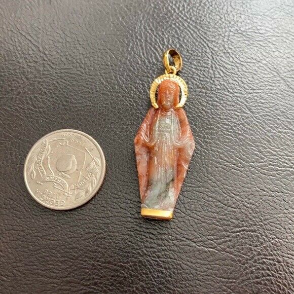 14K Solid Gold The Blessed Virgin Mary Carved Natural Red Jade Pendant