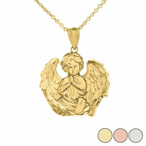10k Yellow Gold Praying Guardian Angel Religious Protection Pendant Necklace