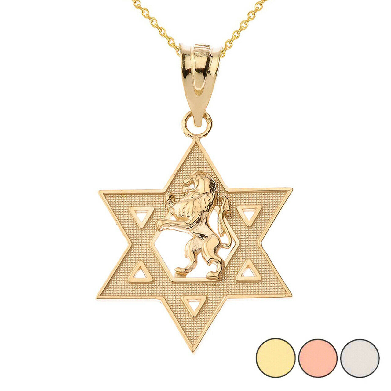 14k Solid Gold Star of David with Lion of Judah Pendant Necklace