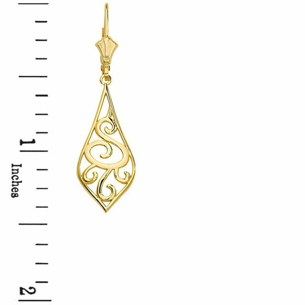 14k Real Yellow Gold Teardrop Filigree Tribal Drop Earring Set 1.42"