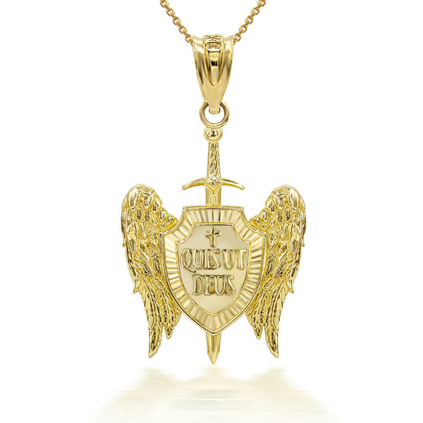 10K Solid Gold Saint Michael Sword and Shield “Quis ut Deus?" Pendant Necklace