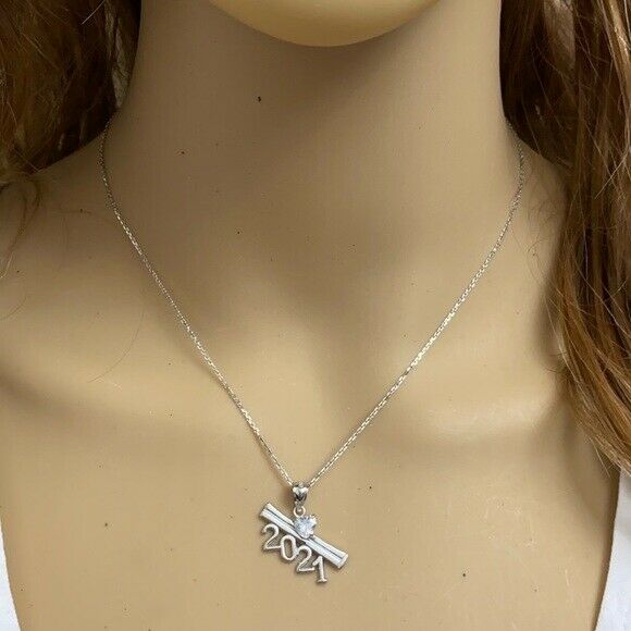 925 Sterling Silver 2021 Graduation Diploma with Birthstone CZ Pendant Necklace