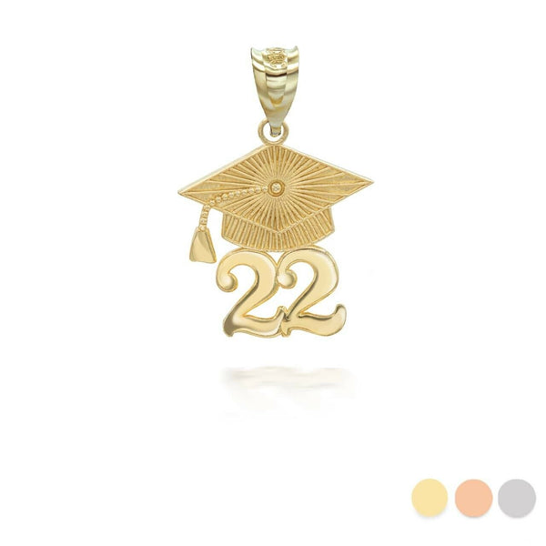 10K Solid Gold Class of 2022 Graduation Cap Pendant Necklace -Yellow, Rose White