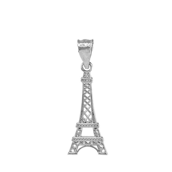 10K Solid White Gold Eiffel Tower Statue France Souvenir Pendant Necklace