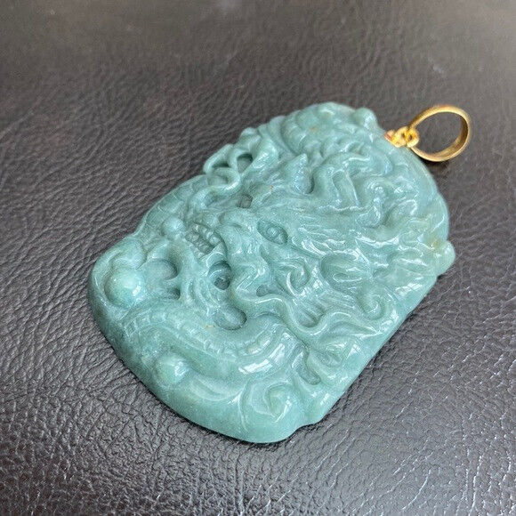 14K Solid Real Yellow Gold Carved Dragon Natural Jade Pendant Green Men Carving