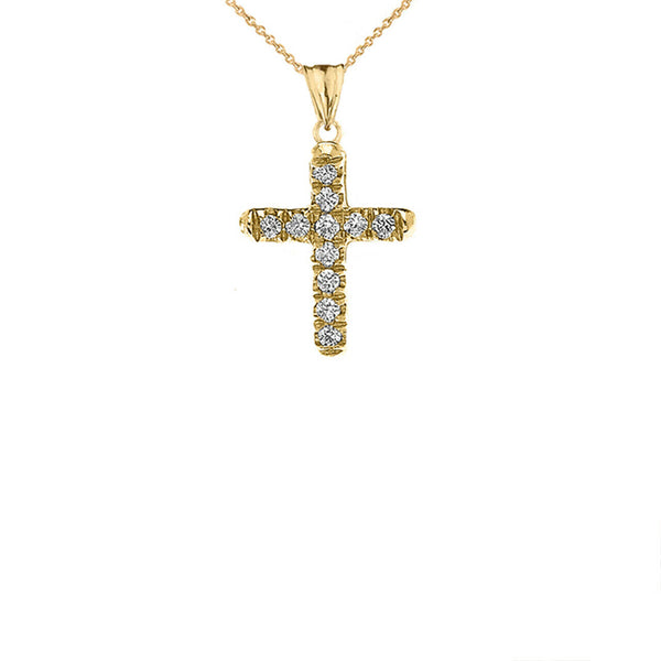 14k Yellow Gold Mini Elegant Diamond Cross Pendant Necklace 16" 18" 20" 22"