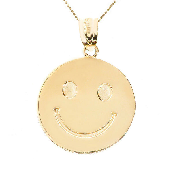 14k Solid Yellow Gold Smiley Face Disc Charm Pendant Necklace