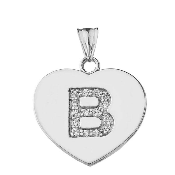 925 Sterling Silver CZ Initial Letter B Heart Pendant Necklace - Made in USA