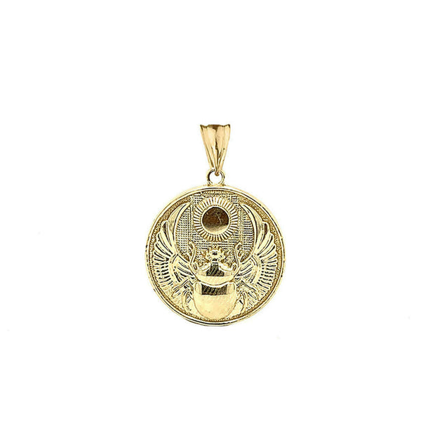 14K Solid Gold Ancient Egyptian Scarab Beetle and Sun Disc Pendant Necklace