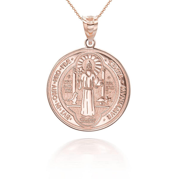 14K Solid Gold Saint Benito Prayer Double 2 sided Pendant Necklace
