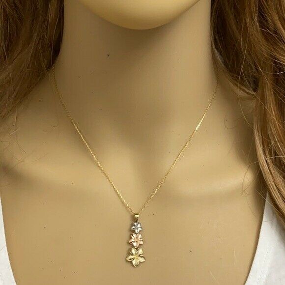 14K Tri-color Gold Elegan 3 Plumeria Flowers Joy Love Spiritual Pendant Necklace