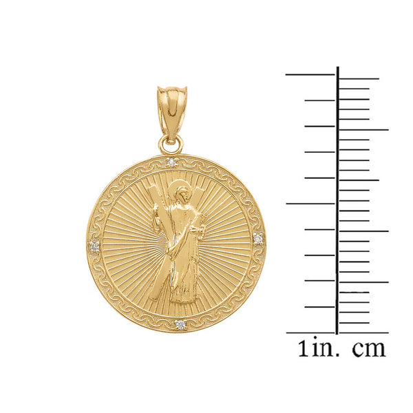 10k Yellow Gold Saint Andrew of Assisi Medallion Diamond Small Pendant Necklace