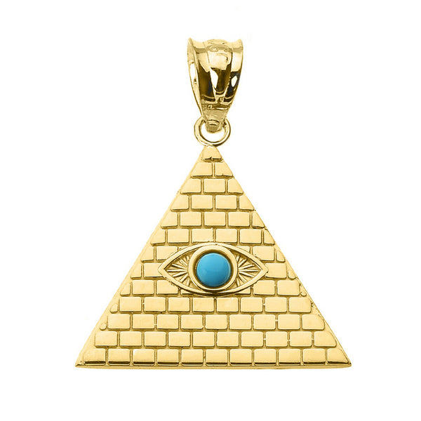 10k Yellow Gold Egyptian Pyramid with Turquoise Evil Eye Pendant Necklace